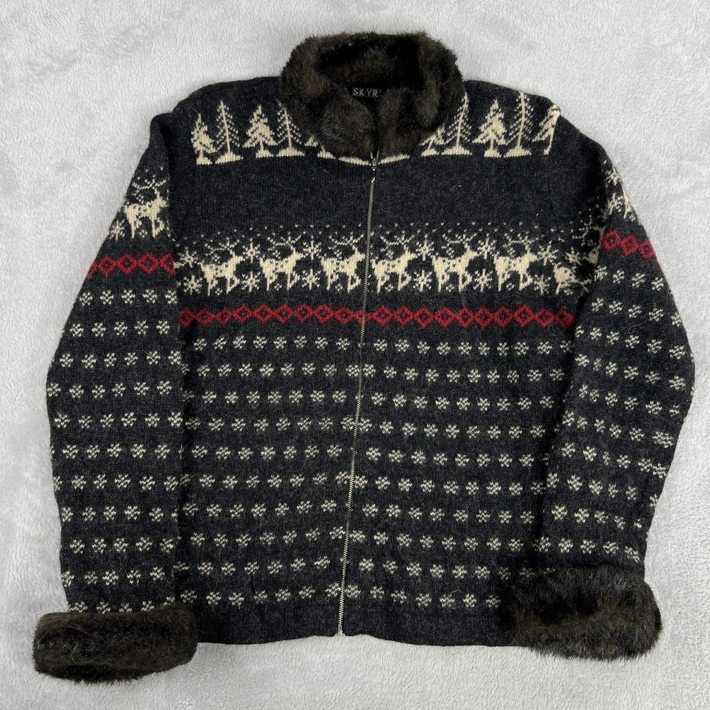 VTG SKYR Wool Nordic Reindeer Snowflake Zip Cardigan Sweater L Charcoal Faux Fur
